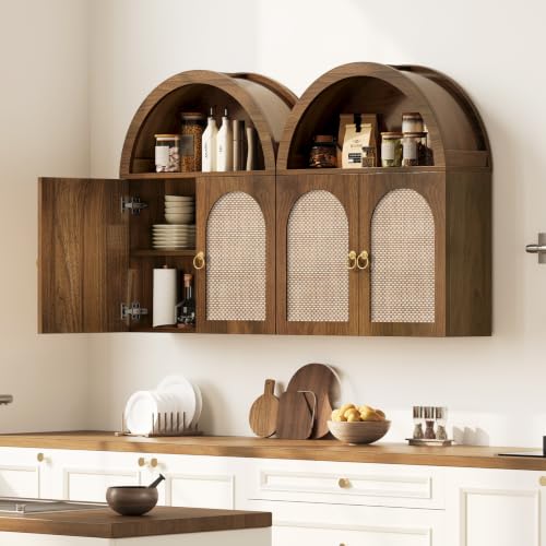 Curlaky Walnut Arched Bathroom Wall Cabinet with Rattan Doors