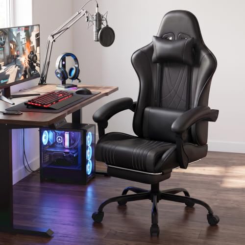 Luckracer Gaming Chair with Footrest, Reclining 90-135°, Lumbar Support, Black