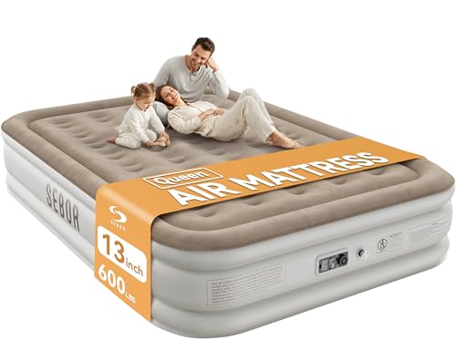 Sebor Queen Air Mattress Khaki White 13-Inch Raised Blow Up Bed with Built-in Pump