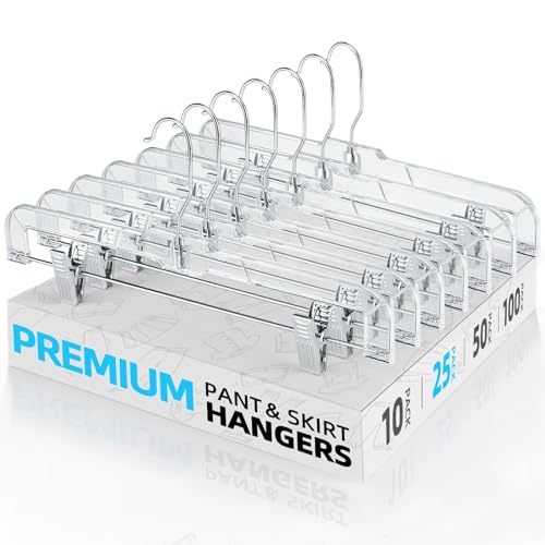 Heavy Duty Clear Pants Hangers 25 Pack - 14'' Skirt Hangers with Clips
