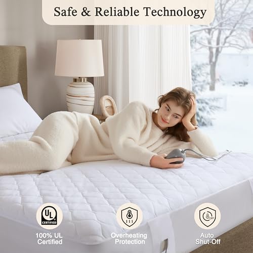 Queen Heated Mattress Pad with Secure Comfort Technology - Cotton Blend, 5-Setting Heat, Deep Pocket