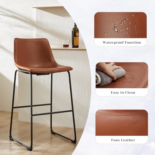 Counter Height Bar Stools Set of 2 - Brown Faux Leather with Metal Legs