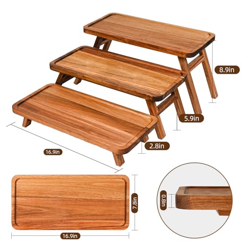Acacia Brown 3-Tier Serving Tray Set - Foldable Wooden Dessert & Charcuterie Display