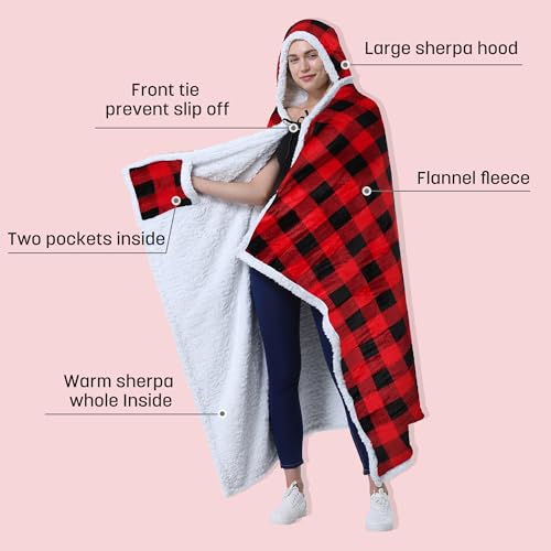 Catalonia Hooded Blanket Poncho (Checker) Wearable Blanket with Pockets, One Size