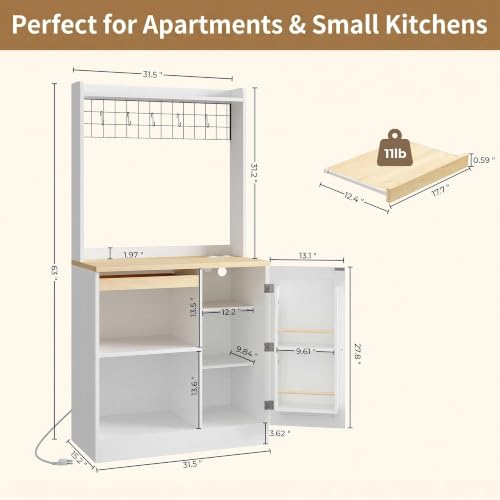IRONCK Bakers Rack with Pull-Out Shelf and Power Outlet, White