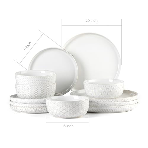 Stoneware Dinnerware Sets Service for 4 - 12 Pcs Embossed Boho Ivory White