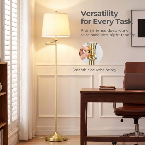 Vintage Floor Lamp with Swing Arm & 3-Way Bulb - Gold with White Shade, 61"