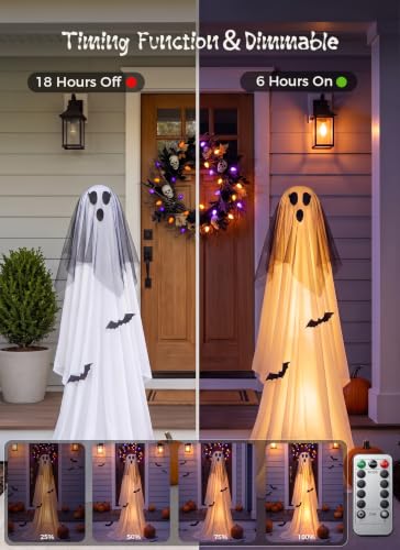 Minetom 2 Pack 5 FT Halloween Ghost Decorations with Lights & Veil-Witch Hat Variation
