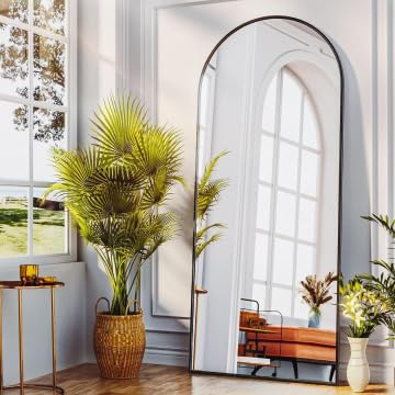 58-Inch Black Arched Full Length Floor Mirror with Stand, Full Body Reflection