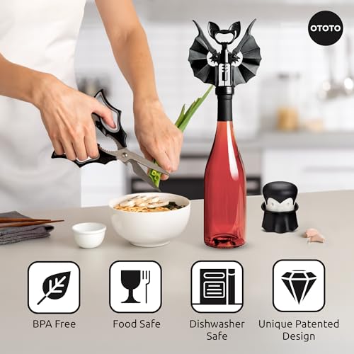 OTOTO Boo-tiful Crew Halloween Kitchen Decor Bundle - Vampire, Bat & Witchy Bottle Openers & Garlic Crusher