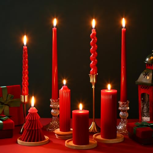 Nuanchu 8 Pcs Christmas Spiral Taper Candles Smokeless, Red