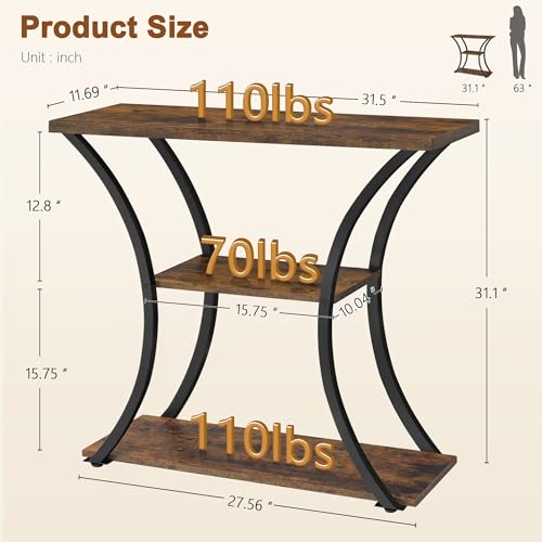Hoctieon Rustic Brown Black 3-Tier Console Table with Open Shelves, Entryway & Sofa Table