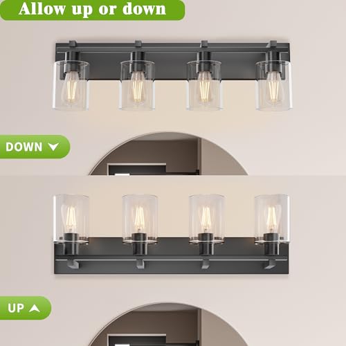 Black & Clear 4-Light Matte Black Bathroom Vanity Light with Thick Glass Shades - 30 Inch Modern Wall Sconce, Over Mirror Lighting