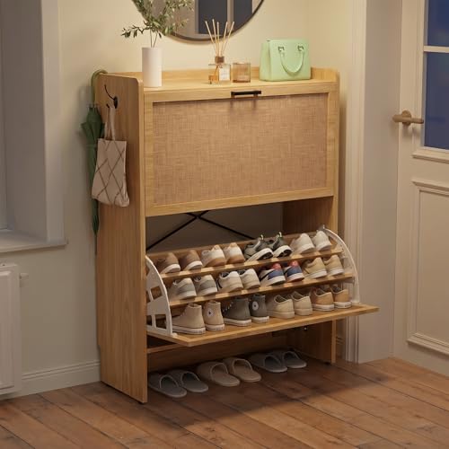 Natural Shoe Storage Cabinet with Flip Drawers & Slim 3-Tier Rack - Small Entryway Organizer