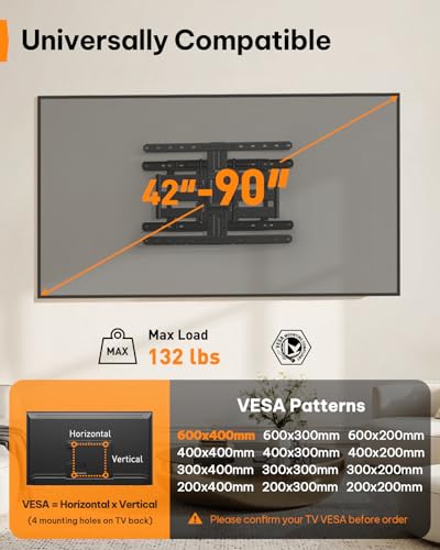 Ultra Slim TV Wall Mount for 42-90 Inch TVs up to 132 lbs - Full Motion, Space Saving