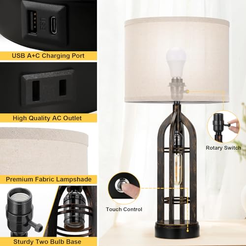 Seealle Table Lamps for Living Room, 3 Way Dimmable Farmhouse Lamp