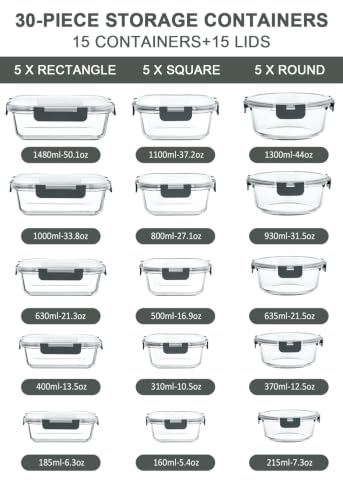 Glass Food Storage Containers Set - 30 Pieces with Lids, Gray
