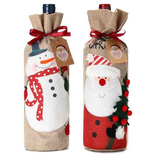 Christmas Wine Bags Burlap Xmas Cute Wine Bottle Cover with Drawstring and Tags Santa Clause and Snowman Dinner Table Decor 2 Pack