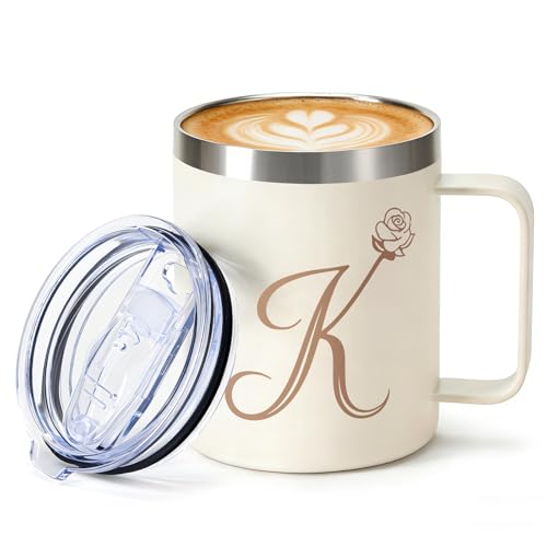 Beige Personalized Monogram K Floral 12oz Insulated Travel Mug with Handle & Lid