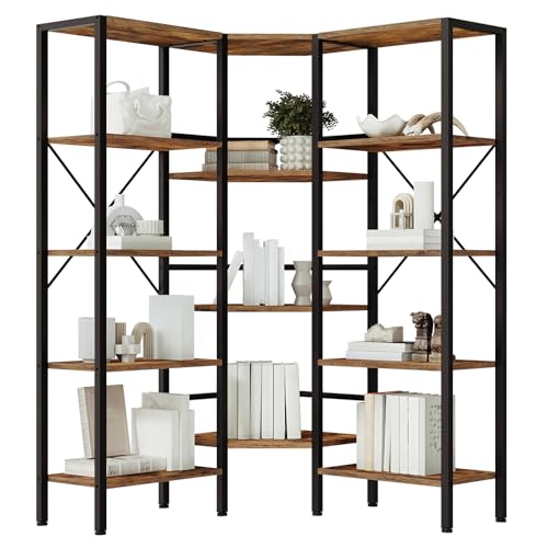 Industrial Corner Bookshelf - 5-Tier L-Shaped Bookcase with Rustic Finish