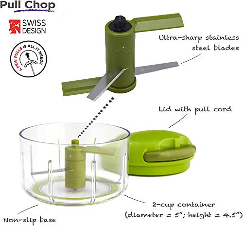 Vegetable Chopper with Stainless Steel Blades - 3-Cup Pull Chop, Food & Fruit Cutter, Non-Slip Base
