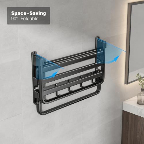 VOLDRA 24-Inch Matte Black Wall-Mounted Towel Rack with 2 Foldable Bars & Hooks