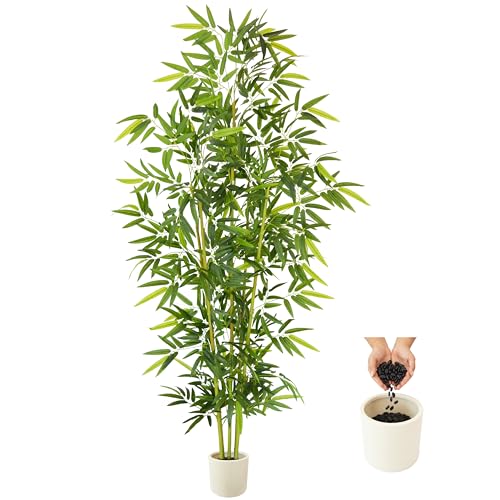 Artificial Bamboo Tree 8ft with White Planter - Realistic Fake Plant for Indoor & Outdoor Decor - Variation: Bamboo / 8ft