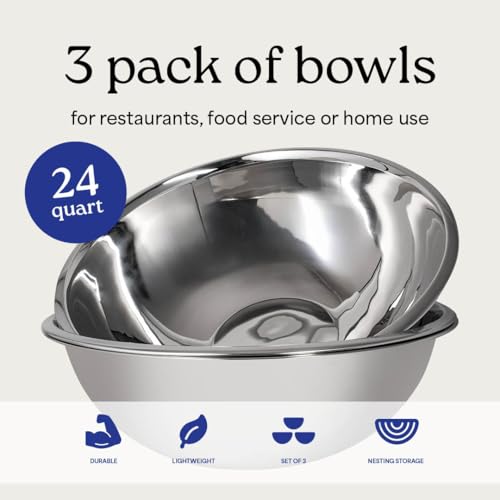 24 Quart Large Stainless Steel Mixing Bowls Set - 3 Nesting Bowls, Food-Grade, Dishwasher Safe, Ideal for Kitchen & Food Service - Variation of 24.0 Quarts / 3