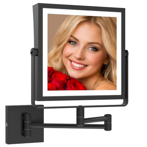 Ruacq Matte Black Wall Mounted Makeup Mirror with Lights 1X/10X Dual Sided