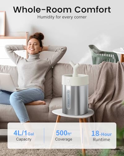 Feekaa 4L Stainless Steel Humidifier - Easy Clean, Dishwasher Safe, Large Room, White