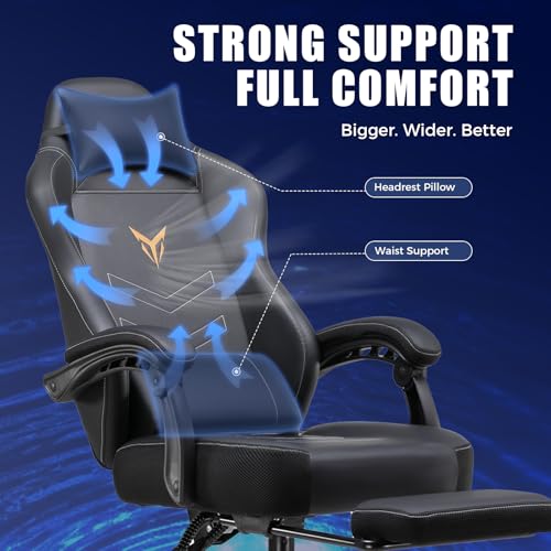 GTPLAYER Gaming Chair with Footrest - Black Dark Black Recliner Ergonomic High Back