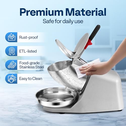 Silver Electric Ice Shaver Machine - 143lbs/hr Snow Cone Maker with Ice Pick - Home & Commercial Use - Single Blade Variation