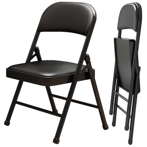 Black PU Leather Folding Chairs 2 Pack with Padded Cushions - Portable & No Assembly