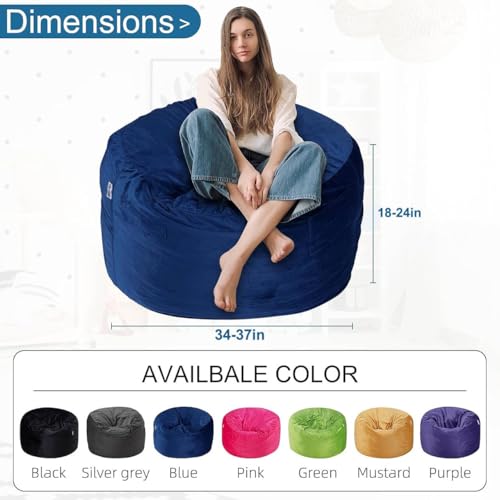 Blue 3Ft Velvet Bean Bag Chair for Adults with Memory Foam Filling - Plush Lazy Sofa