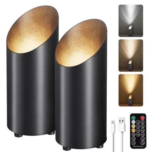 Black Wireless Indoor Uplights 2 Pack - Rechargeable Dimmable LED Spotlights with Remote & Timer