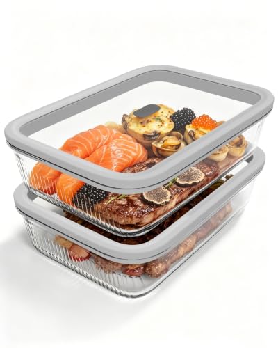 BOROHOUSE 2 Pack Gray 74oz Glass Food Storage Containers with Lids & Steam Valve