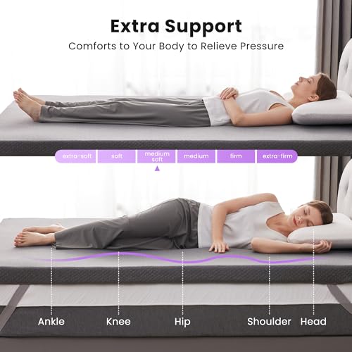 Twin Size Gel Memory Foam Mattress Topper 2 Inch Ventilated High Density Bed Pad with Removable Cover - Grey Variation