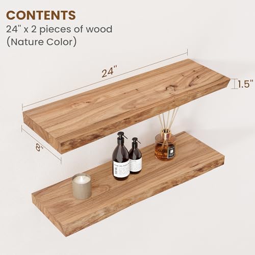 FlyJoe Live Edge Floating Shelves Set of 2 - 24 Inch Natural Elm Wall Decor
