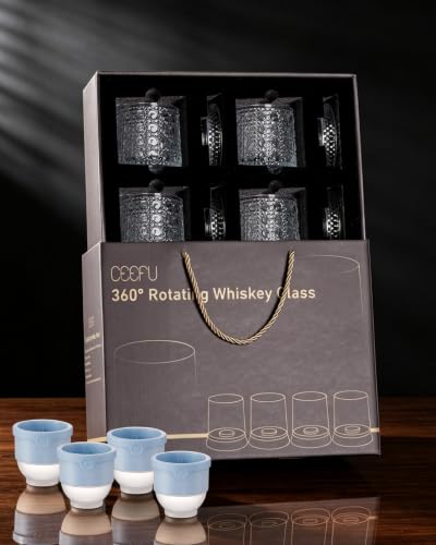 CEEFU Gem Cut 360° Spinning Whiskey Glass Set of 4 with Gift Box & Ice Ball Molds