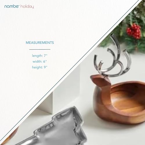 Nambe Reindeer Candy Dish - Holiday Figural Decor with Acacia Wood and Chrome Antlers