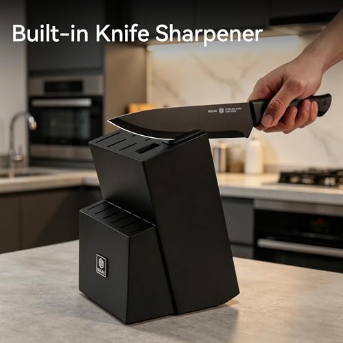 NULAS Black 15-Piece Kitchen Knife Set with Block & Built-In Sharpener