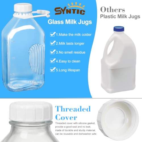 Syntic 4 Pack 64 Oz Glass Milk Bottles with Lids,Pour Spouts & Scale