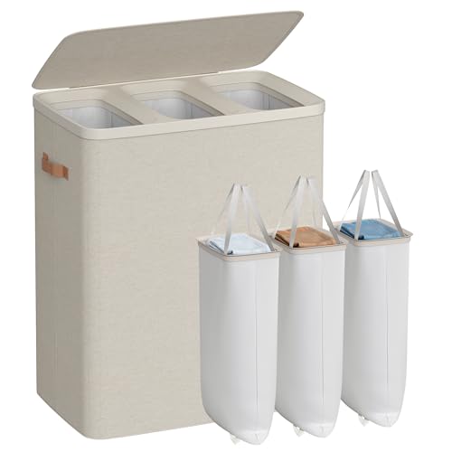 SONGMICS 190L Laundry Hamper with Lid & 3 Removable Bags - Cappuccino Beige