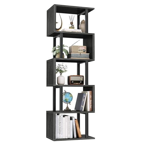 Black Light Black Oak 6-Tier S-Shaped Geometric Bookcase - Modern Display Shelf