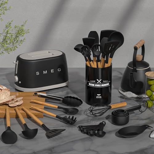 Silicone Kitchen Utensil Set with Holder - 34PCS Cooking Tools - Black