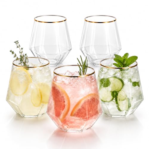 40 Pack 12 oz Disposable Plastic Wine Glasses with Gold Rim - Stemless, Reusable
