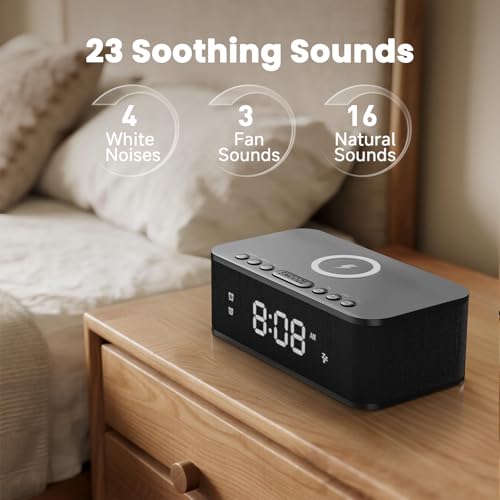 Fansbe Digital Alarm Clock with White Noise & Wireless Charging - Black