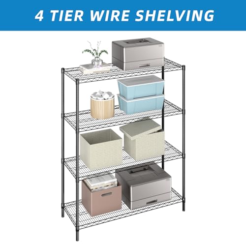 Heavy Duty Wire Shelving Unit - 48 Inch Length, Black, 4-Tier Industrial Storage Rack