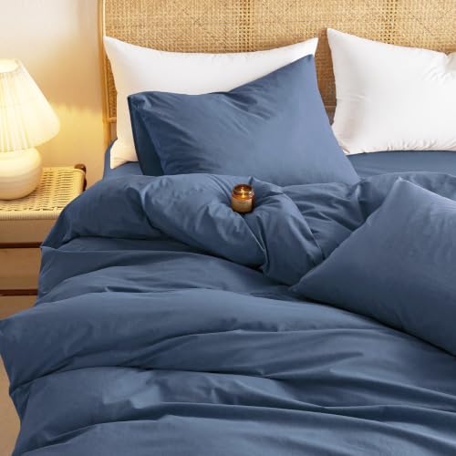 Queen Cotton Duvet Cover Set - Dark Blue, 100% Washed Cotton, Linen Look, Breathable & Durable, Farmhouse Style