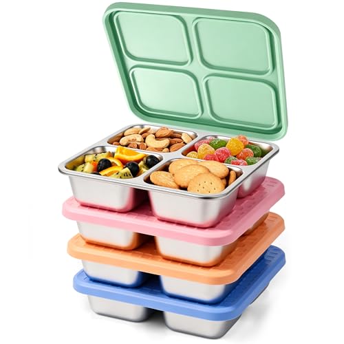 4 Pack Stainless Steel Snack Containers with Silicone Lids - Leakproof Bento Lunch Boxes, Reusable 4-Compartment Food Storage